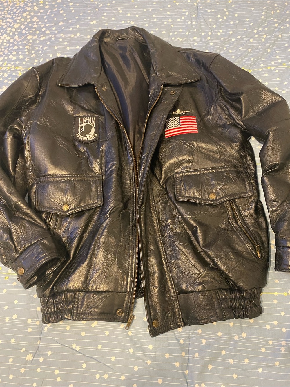 Black Leather Military-Style Jacket with American Flag Patch, nice jacket